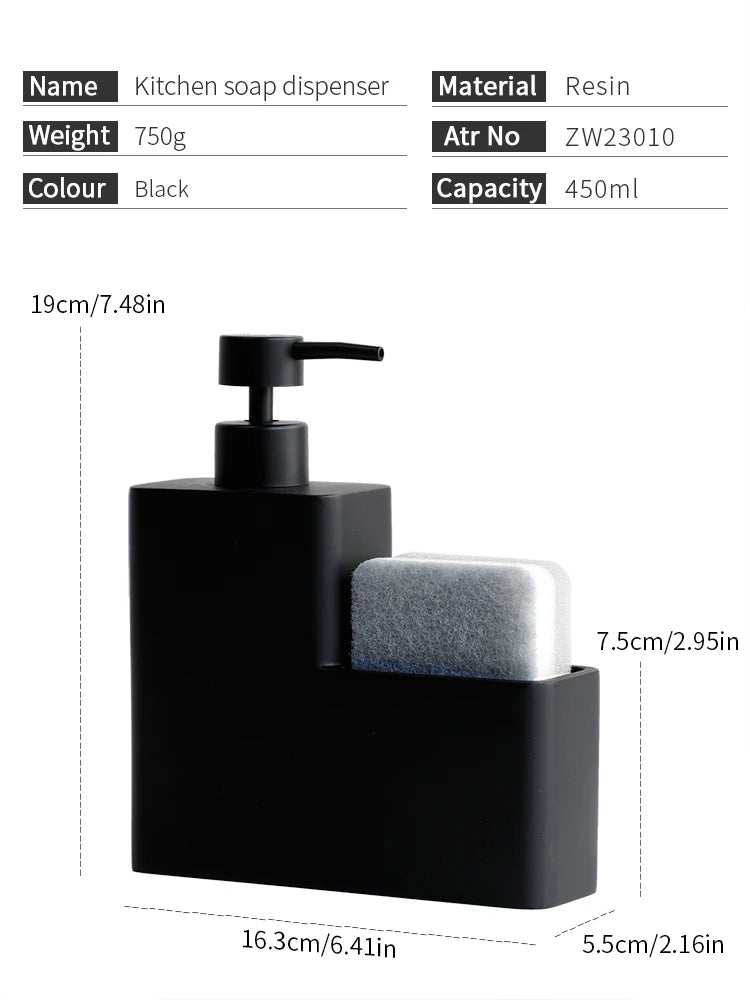 Distributeur Savon Vaisselle Noir 450ml avec Porte-Éponge