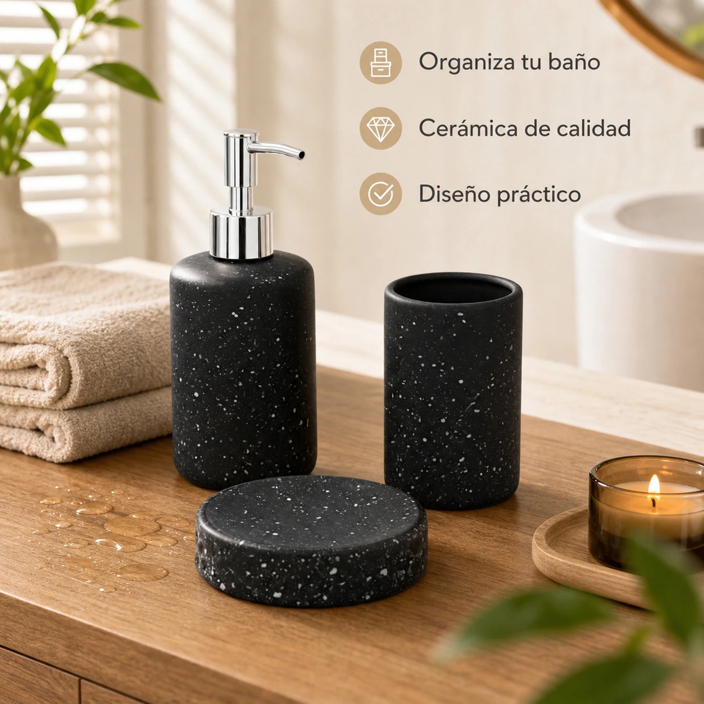 Set Salle de Bain Céramique Noir Effet Terrazzo 3 Pièces Économique