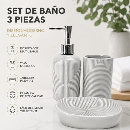 Set Salle de Bain Céramique Gris Premium Motif Géométrique 3 Pièces