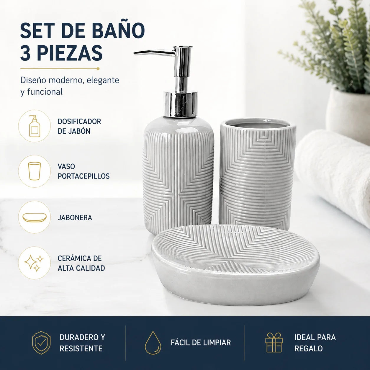Set Salle de Bain Céramique Gris Premium Motif Géométrique 3 Pièces