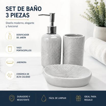 Set Salle de Bain Céramique Gris Premium Motif Géométrique 3 Pièces