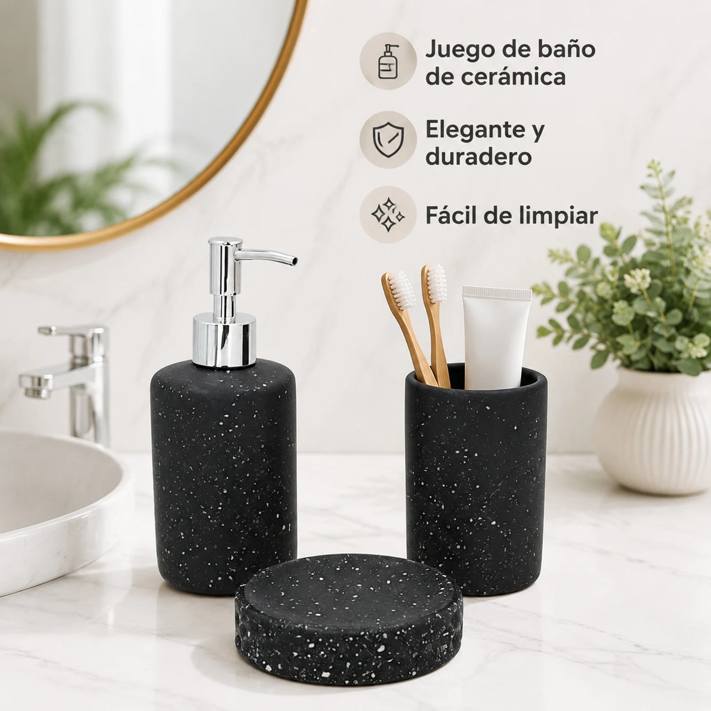 Set Salle de Bain Céramique Noir Effet Terrazzo 3 Pièces Économique