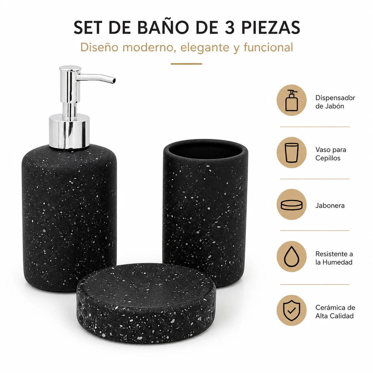 Set Salle de Bain Céramique Noir Effet Terrazzo 3 Pièces Économique
