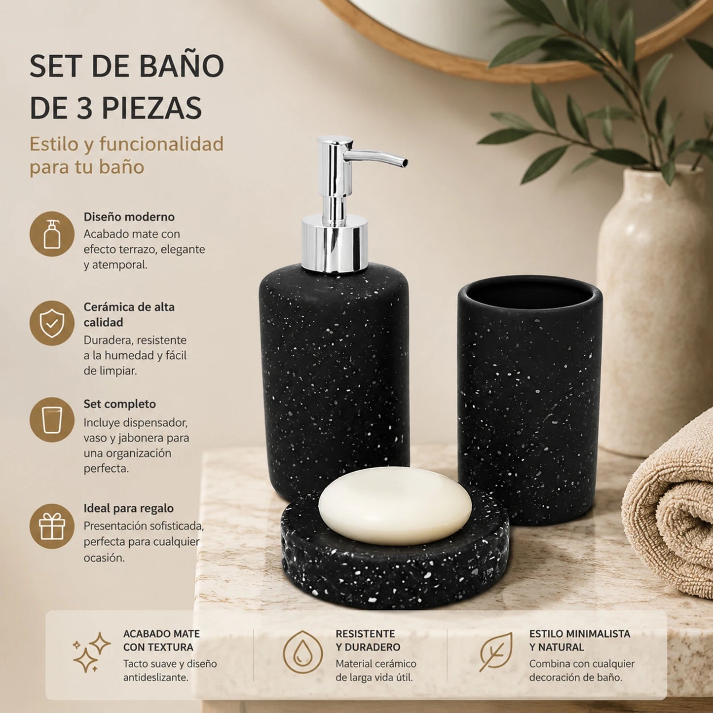 Set Salle de Bain Céramique Noir Effet Terrazzo 3 Pièces Économique