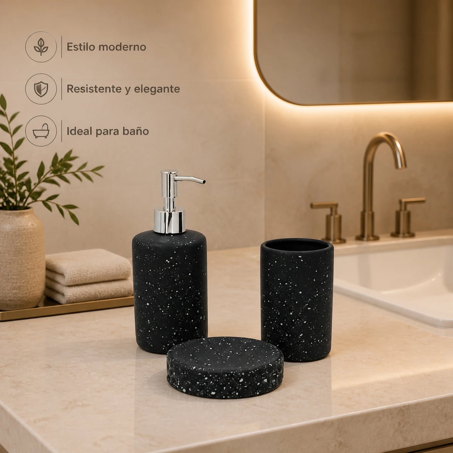 Set Salle de Bain Céramique Noir Effet Terrazzo 3 Pièces Économique
