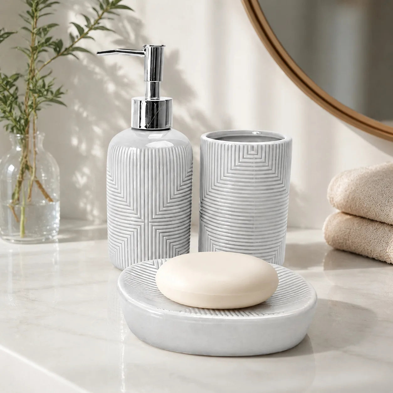 Set Salle de Bain Céramique Gris Premium Motif Géométrique 3 Pièces
