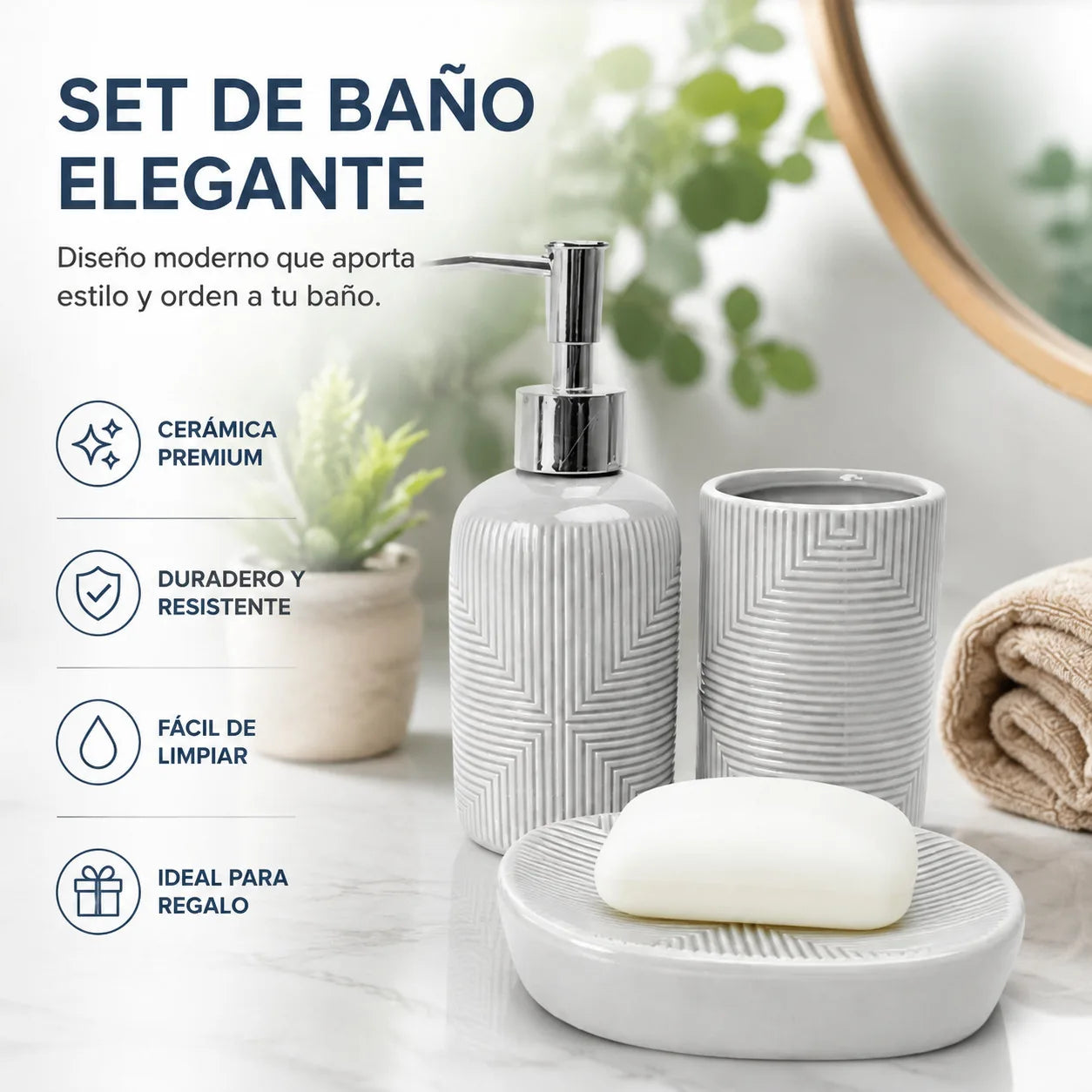 Set Salle de Bain Céramique Gris Premium Motif Géométrique 3 Pièces