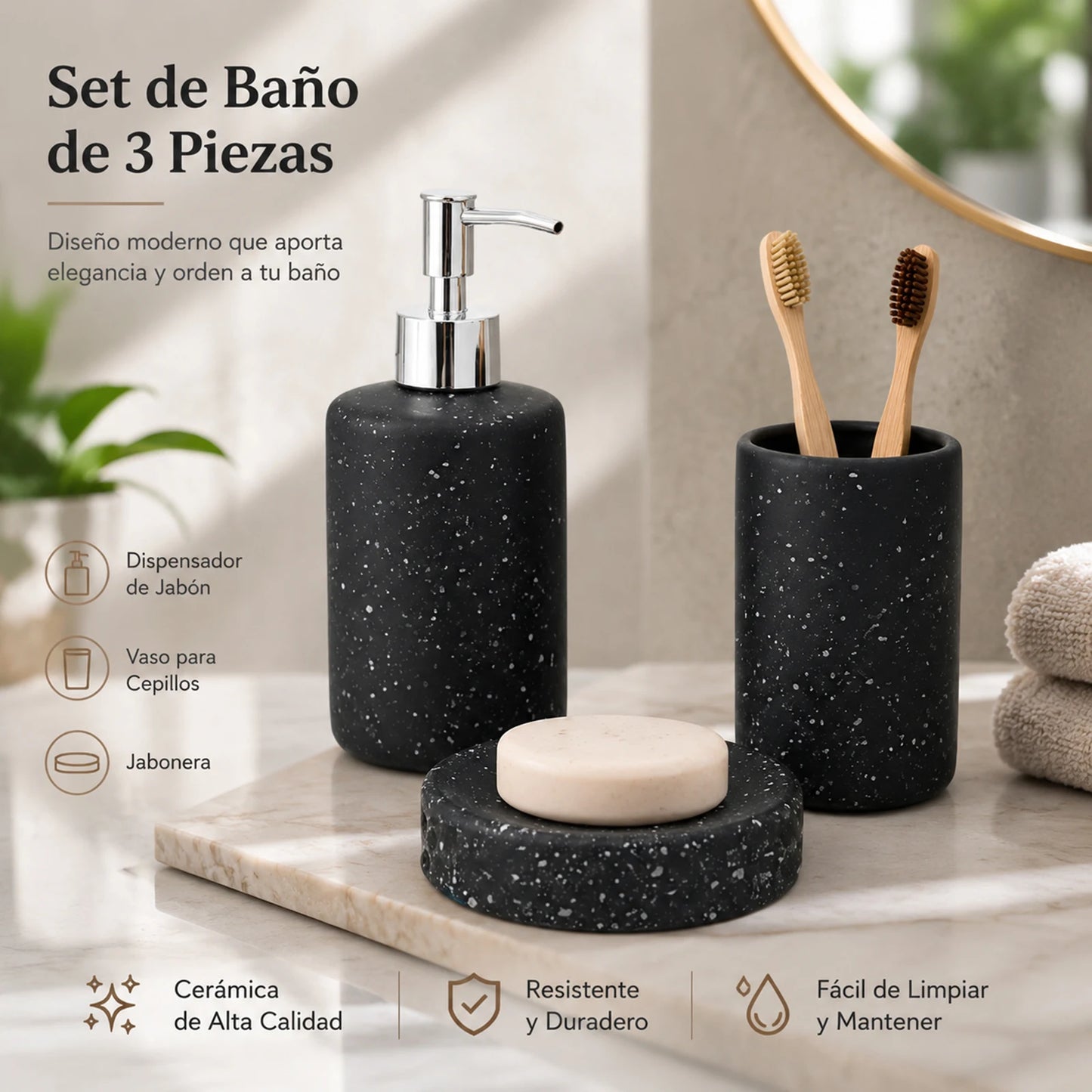 Set Salle de Bain Céramique Noir Effet Terrazzo 3 Pièces Économique
