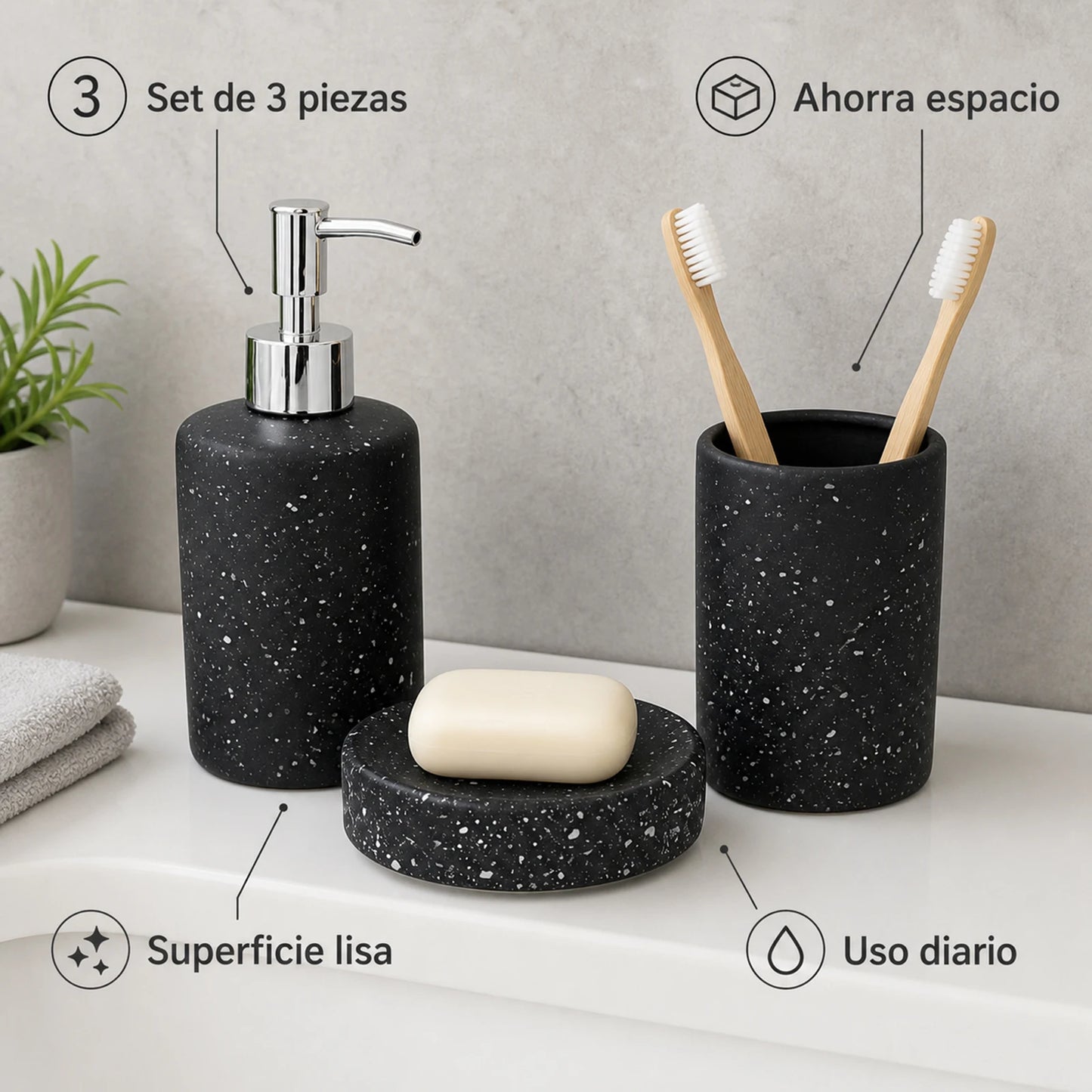 Set Salle de Bain Céramique Noir Effet Terrazzo 3 Pièces Économique