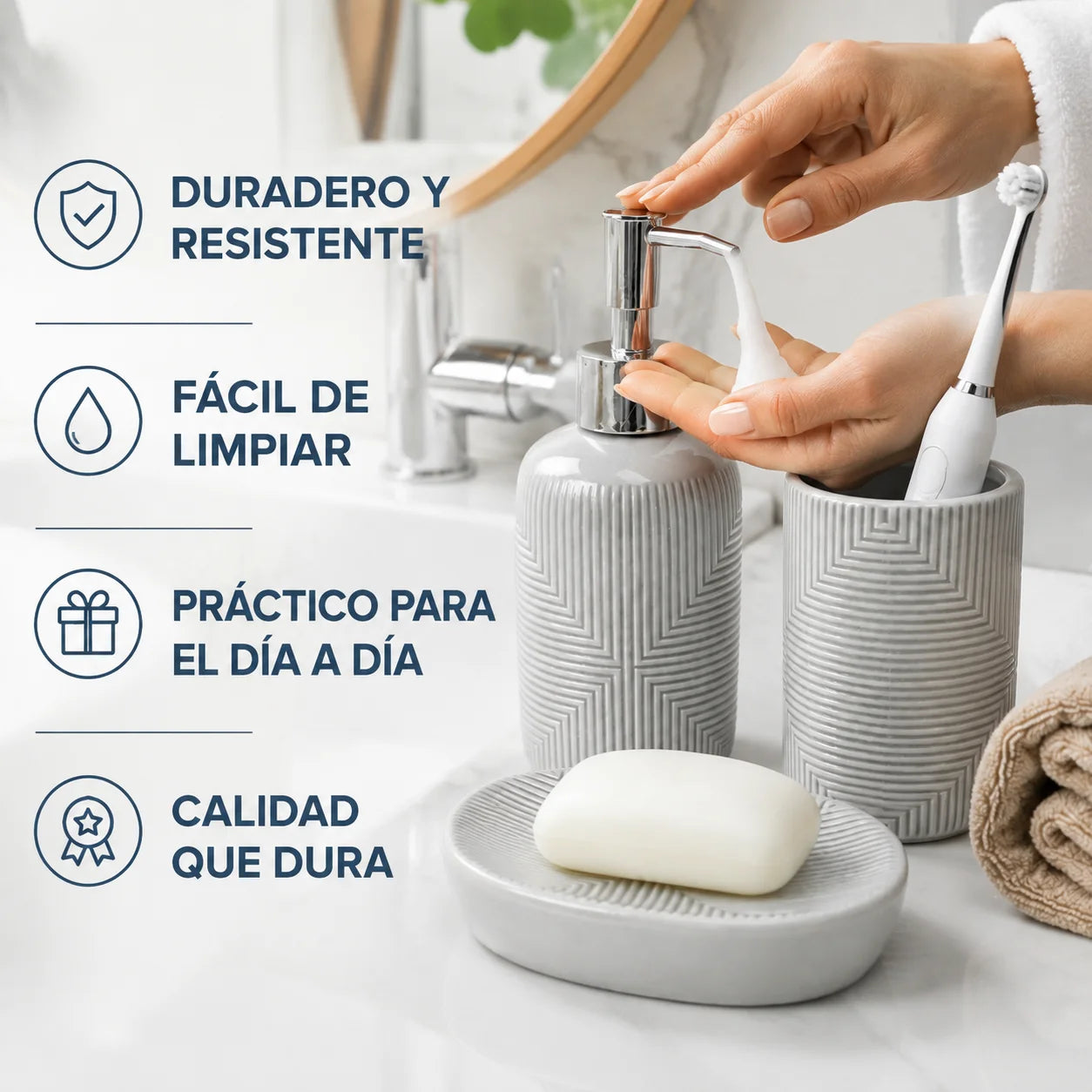 Set Salle de Bain Céramique Gris Premium Motif Géométrique 3 Pièces