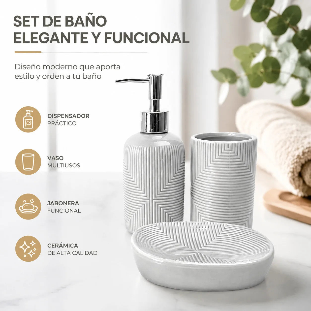 Set Salle de Bain Céramique Gris Premium Motif Géométrique 3 Pièces