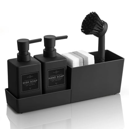 Set Distributeur Savon Cuisine Noir 4 en 1 - Porte-Éponge et Brosse