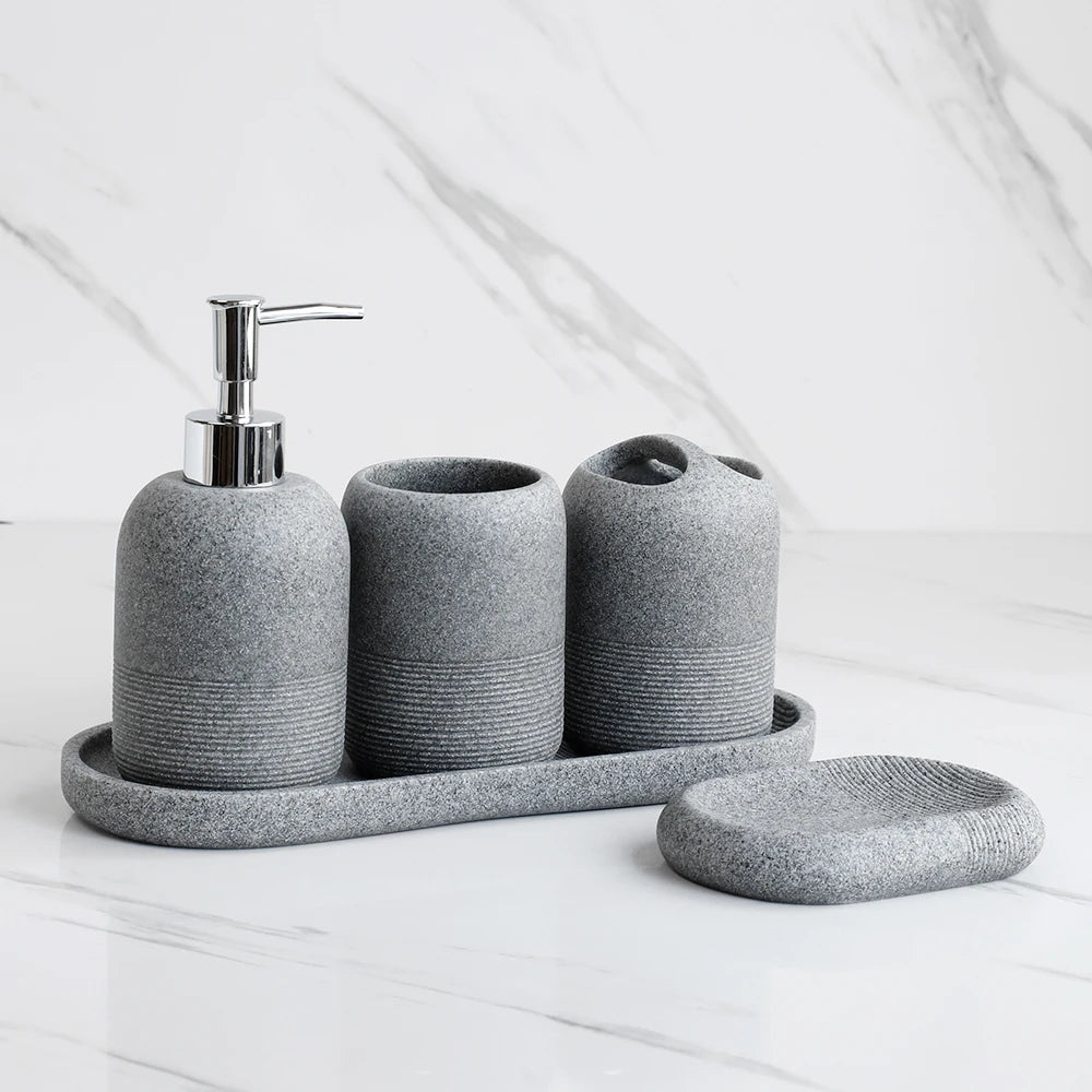Set Salle de Bain 5 Pièces Beige - Distributeur, Brosse, Gobelet