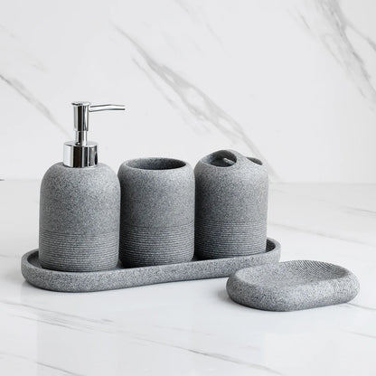 Set Salle de Bain 5 Pièces Beige - Distributeur, Brosse, Gobelet