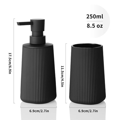 Set Salle de Bain 2 Pièces Noir Mat Rayé Distributeur et Porte-Brosse