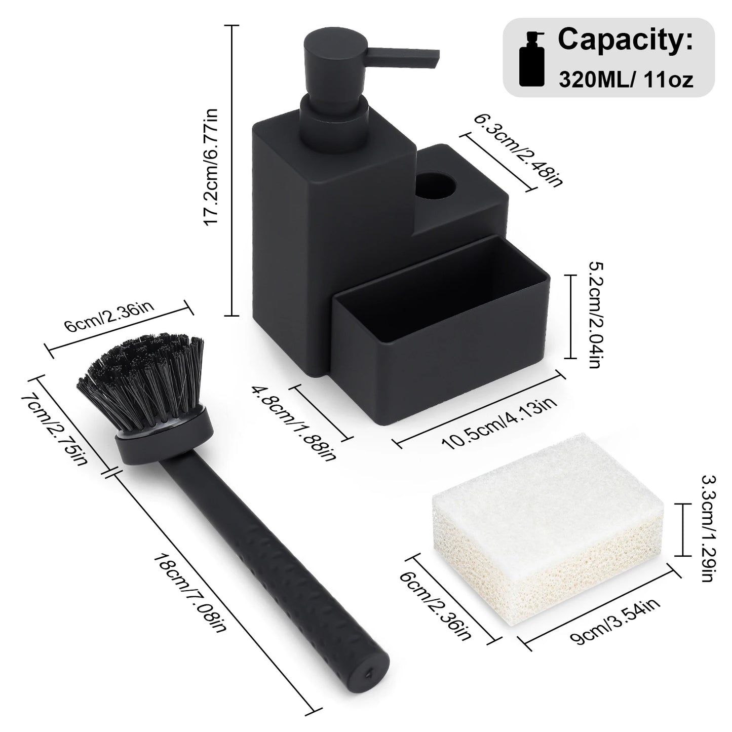 Distributeur Savon Vaisselle Noir Carré 3 en 1 Cuisine