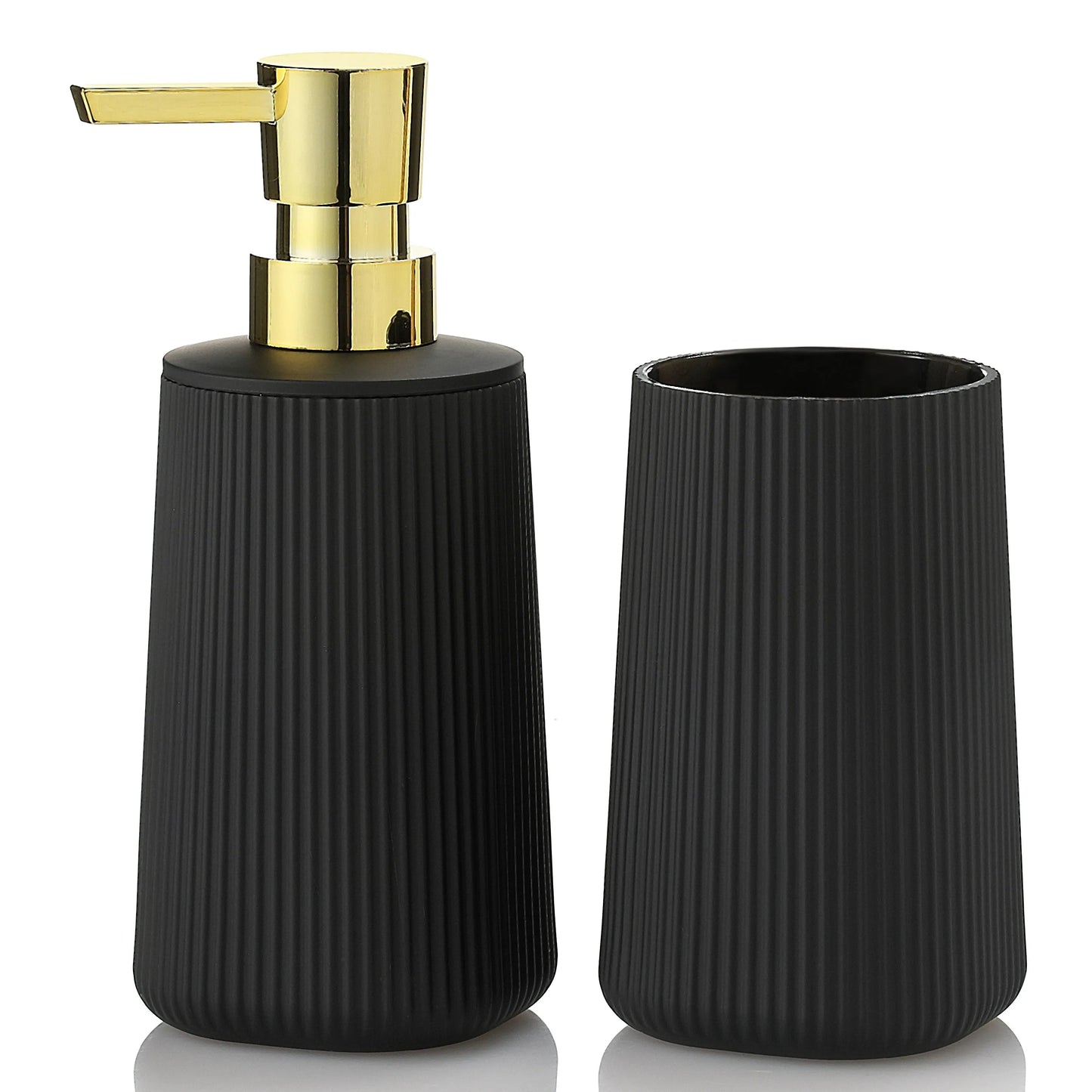 Set Salle de Bain 2 Pièces Noir Mat Rayé Distributeur et Porte-Brosse