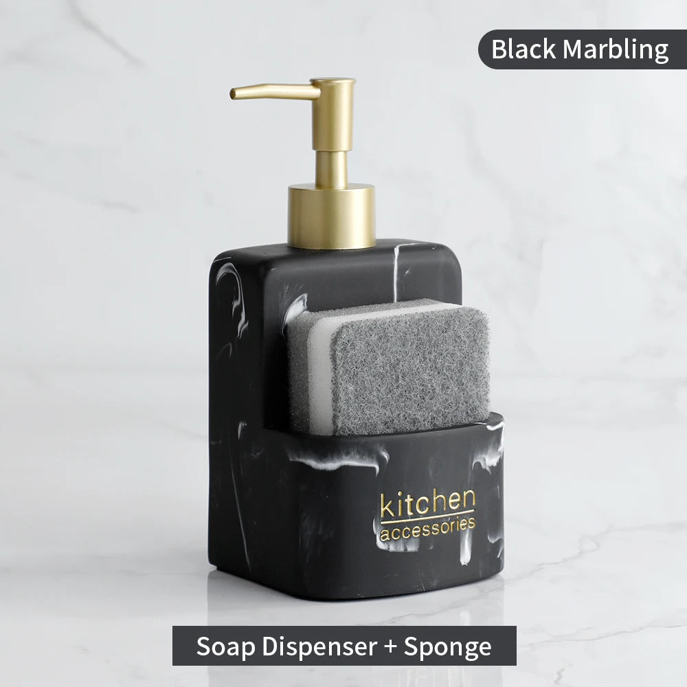Set Distributeur Savon Cuisine Pierre Marbre Blanc Compact