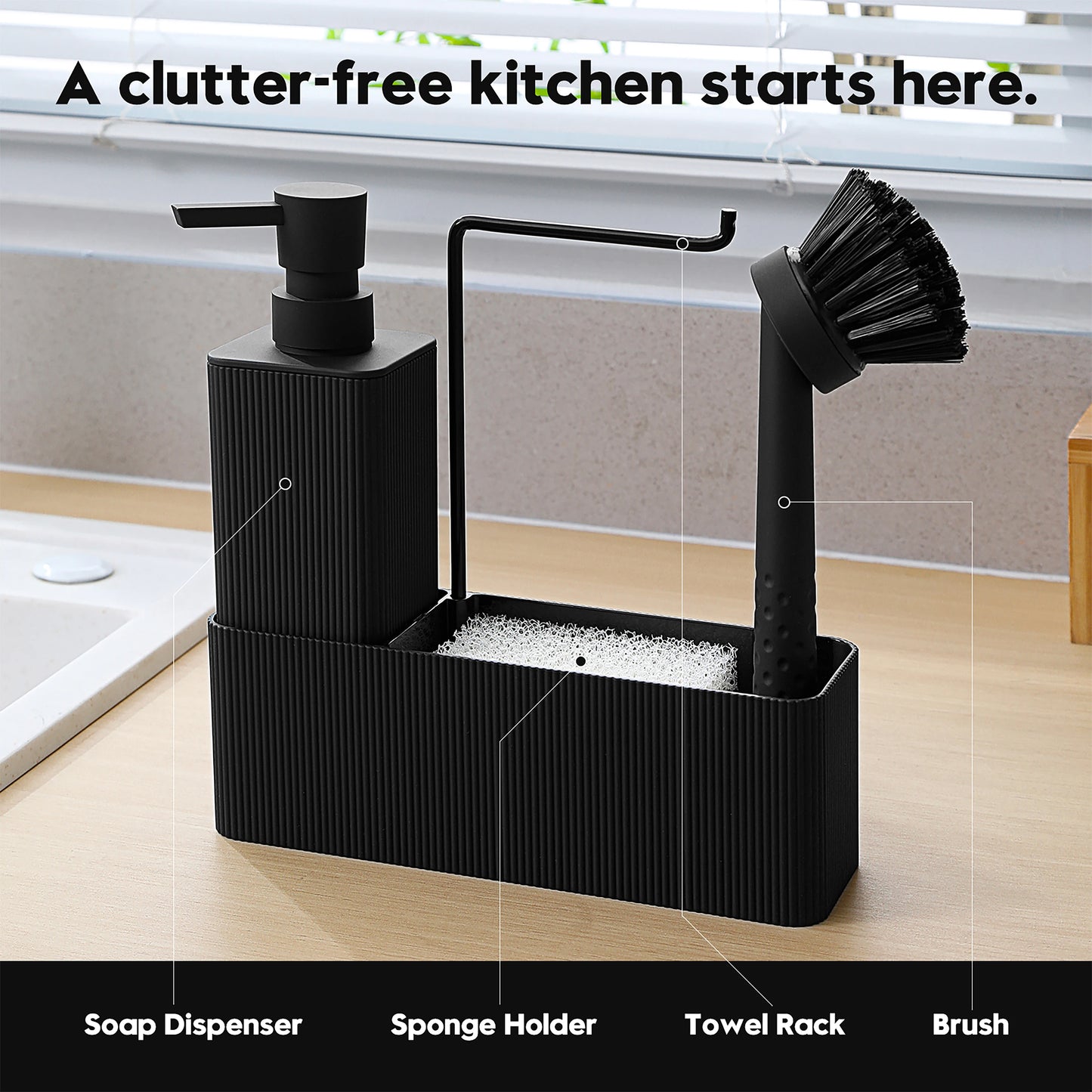 Set Distributeur Savon Cuisine Noir Blanc - Porte-Éponge et Porte-Serviette
