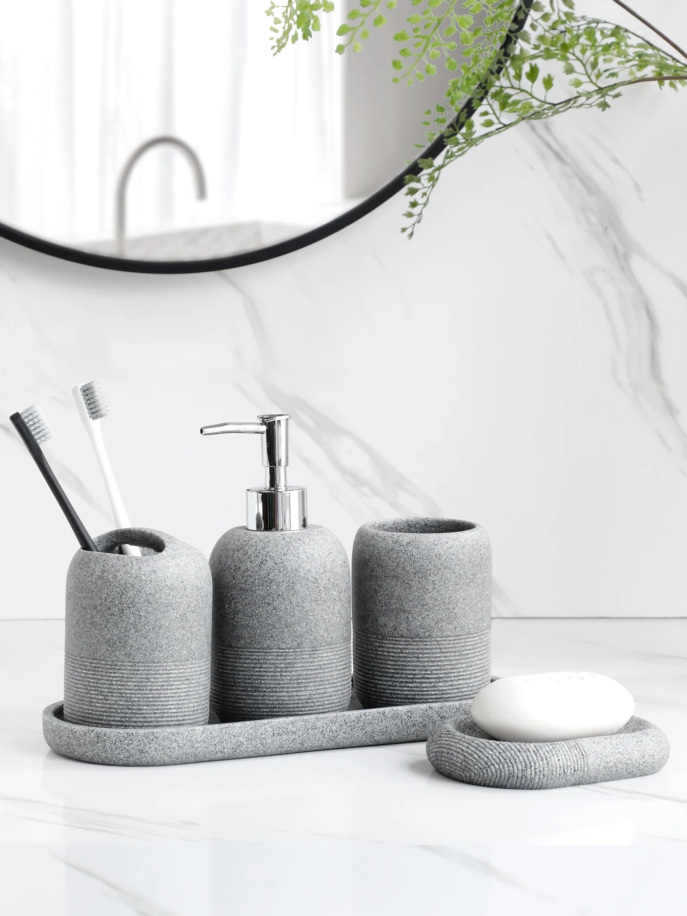 Set Salle de Bain 5 Pièces Beige - Distributeur, Brosse, Gobelet