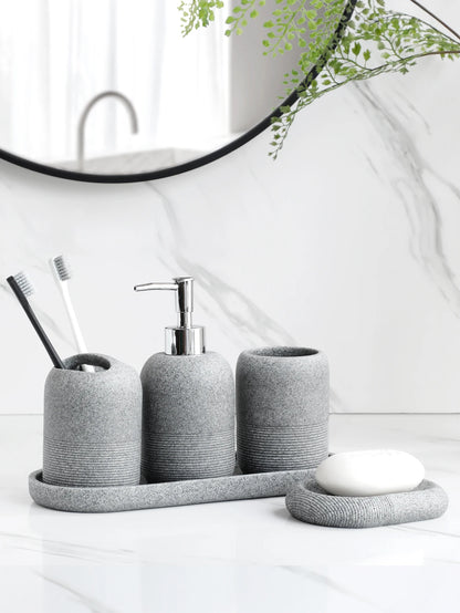 Set Salle de Bain 5 Pièces Gris - Distributeur, Brosse, Gobelet