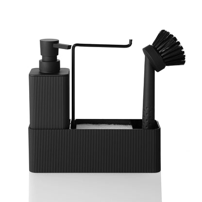 Set Distributeur Savon Cuisine Noir Blanc - Porte-Éponge et Porte-Serviette