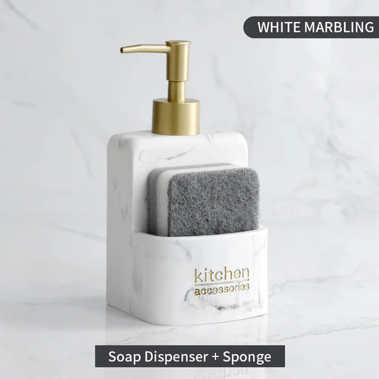 Set Distributeur Savon Cuisine Pierre Marbre Blanc Compact