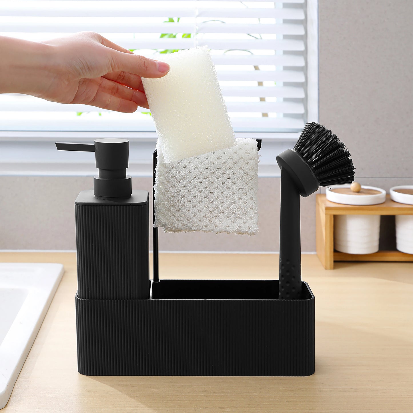 Set Distributeur Savon Cuisine Noir Blanc - Porte-Éponge et Porte-Serviette
