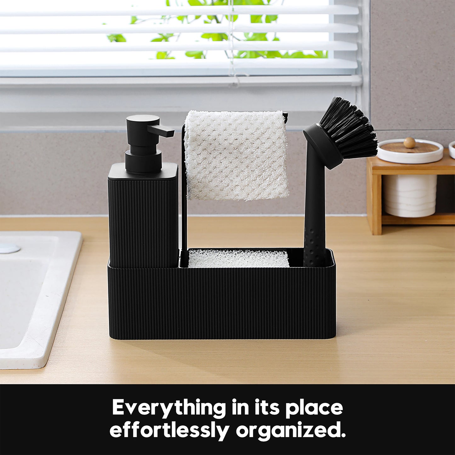 Set Distributeur Savon Cuisine Noir Blanc - Porte-Éponge et Porte-Serviette