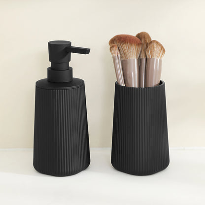 Set Salle de Bain 2 Pièces Noir Mat Rayé Distributeur et Porte-Brosse