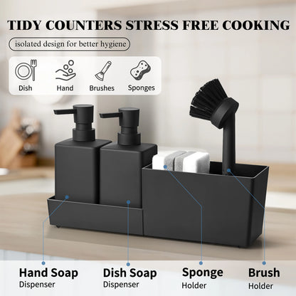 Set Distributeur Savon Cuisine Noir 4 en 1 - Porte-Éponge et Brosse