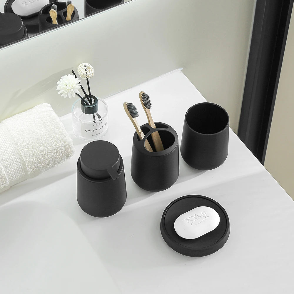 Set Salle de Bain 4 Pièces Noir Mat Distributeur Savon et Accessoires