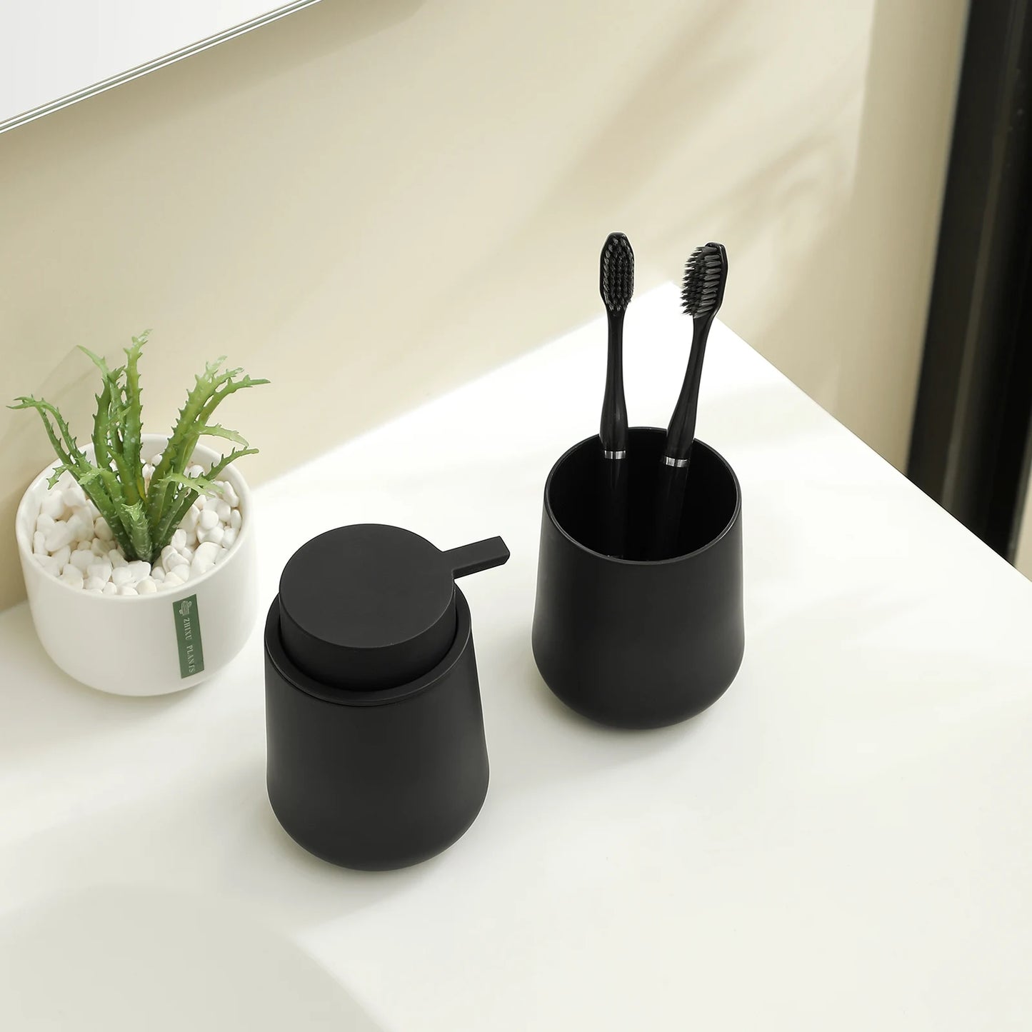 Set Salle de Bain 2 Pièces Noir Mat - Distributeur et Gobelet Vanity
