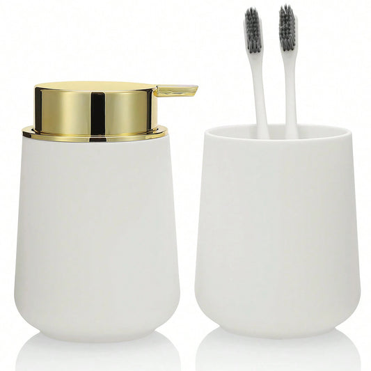 Set Salle de Bain 2 Pièces Blanc Doré - Distributeur et Gobelet