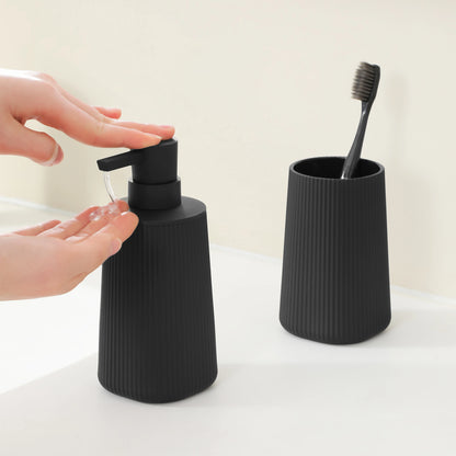 Set Salle de Bain 2 Pièces Noir Mat Rayé Distributeur et Porte-Brosse