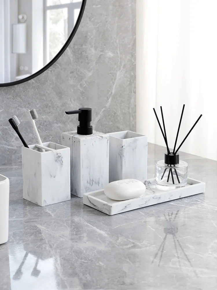 Set Salle de Bain Effet Marbre 4 Pièces Blanc
