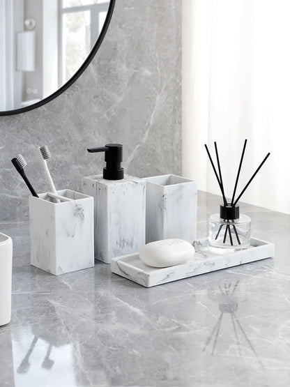Set Salle de Bain Effet Marbre 4 Pièces Blanc