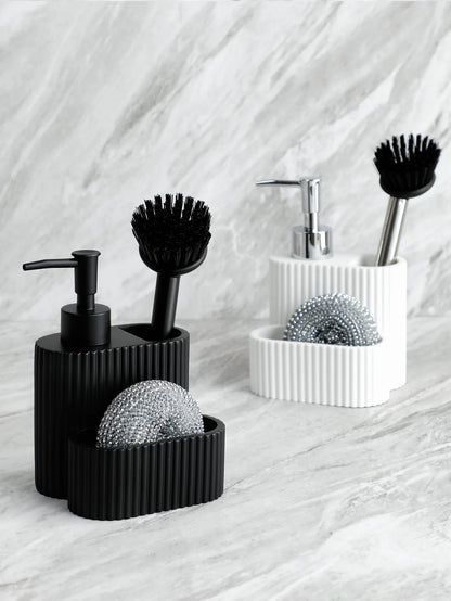 Set Distributeur Savon Cuisine 3 en 1 Noir - Porte-Éponge et Brosse