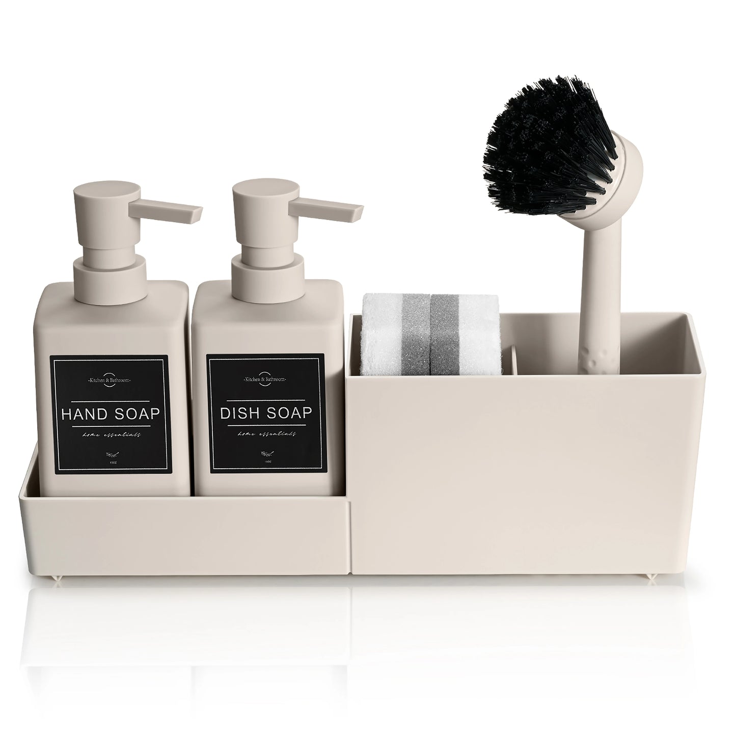 Set Distributeur Savon Cuisine Beige 4 en 1 - Porte-Éponge et Brosse