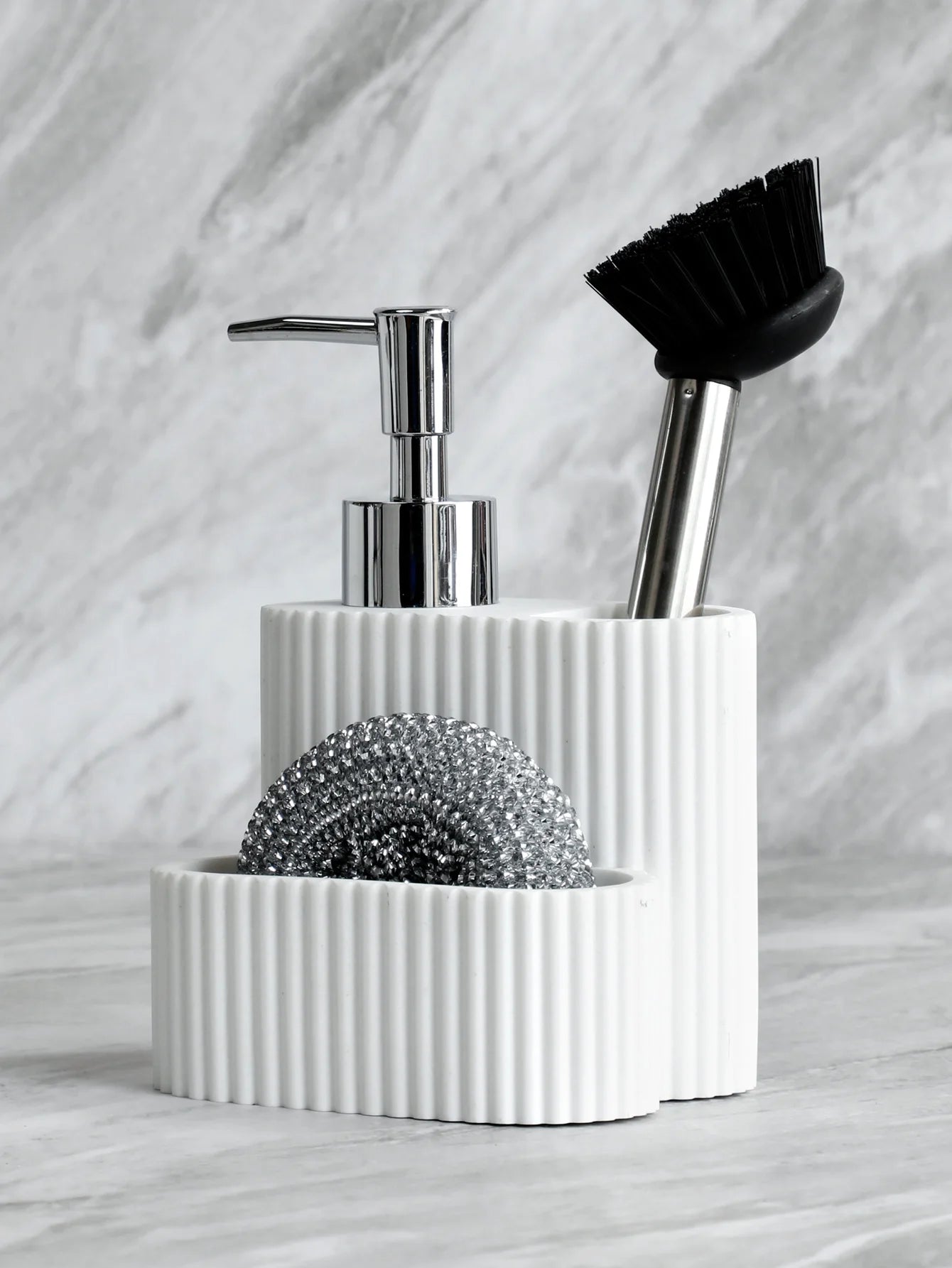 Set Distributeur Savon Cuisine 3 en 1 Blanc - Porte-Éponge et Brosse