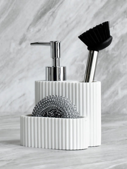Set Distributeur Savon Cuisine 3 en 1 Blanc - Porte-Éponge et Brosse