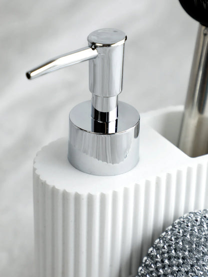 Set Distributeur Savon Cuisine 3 en 1 Blanc - Porte-Éponge et Brosse