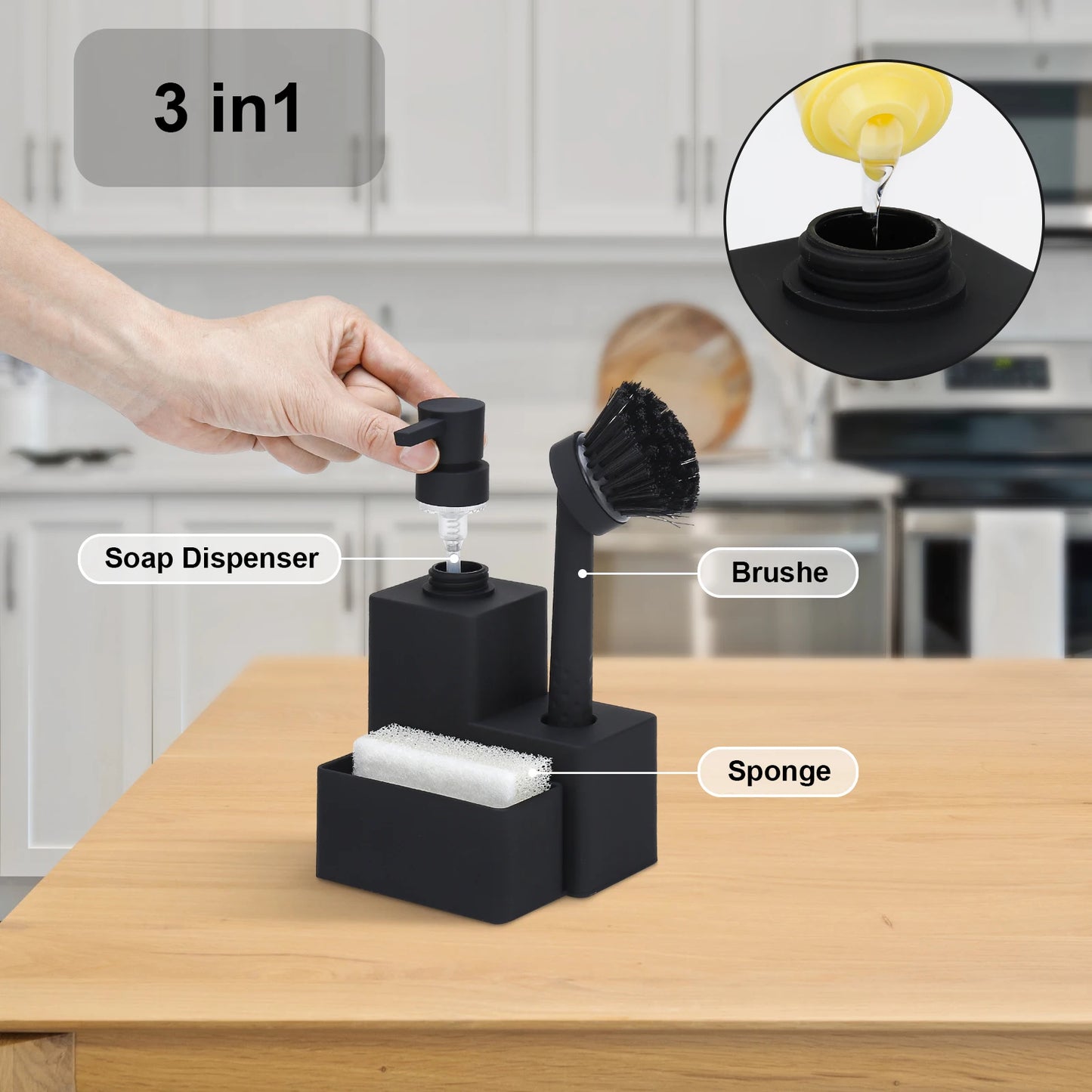 Distributeur Savon Vaisselle Noir Carré 3 en 1 Cuisine
