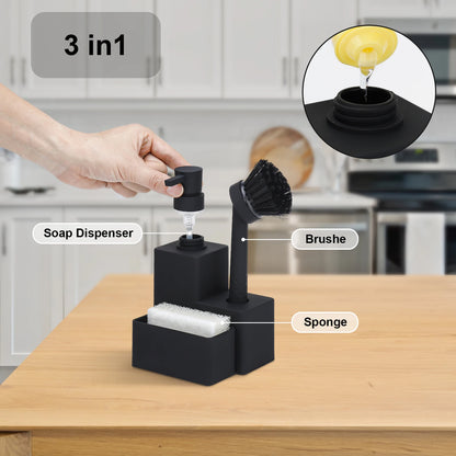 Distributeur Savon Vaisselle Noir Carré 3 en 1 Cuisine