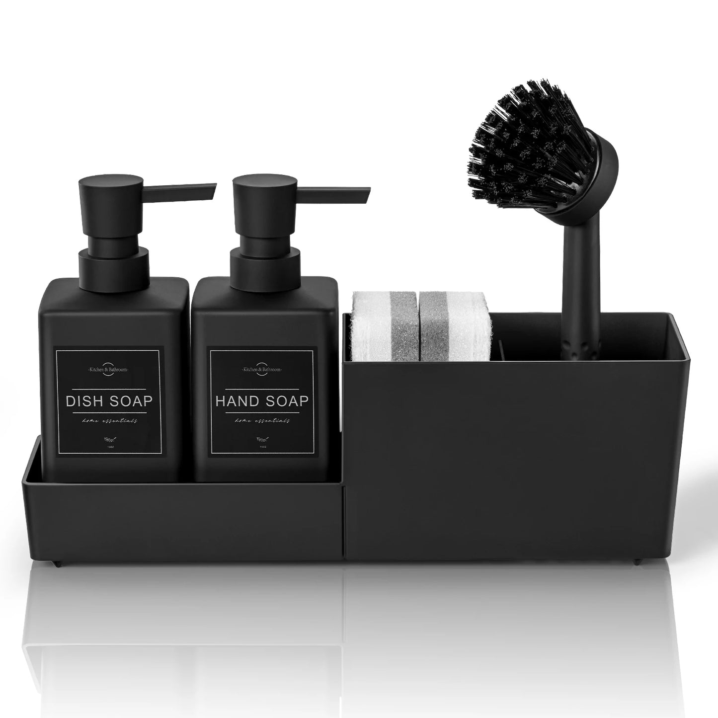 Set Distributeur Savon Cuisine Beige 4 en 1 - Porte-Éponge et Brosse