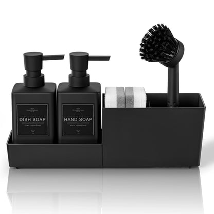 Set Distributeur Savon Cuisine Beige 4 en 1 - Porte-Éponge et Brosse