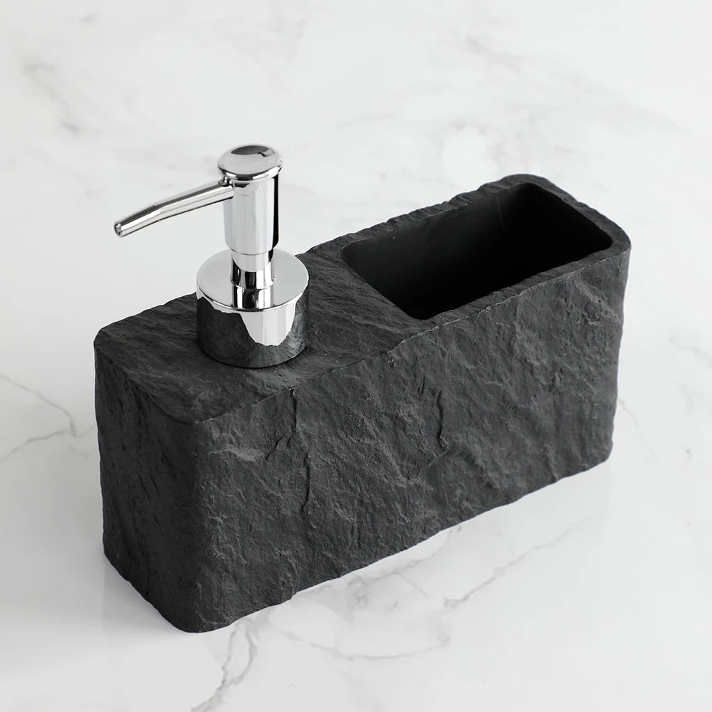 Distributeur Savon Cuisine Effet Pierre Noire avec Porte-Éponge