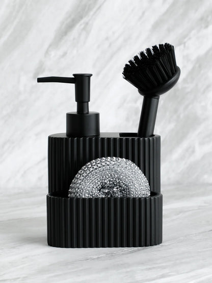 Set Distributeur Savon Cuisine 3 en 1 Noir - Porte-Éponge et Brosse
