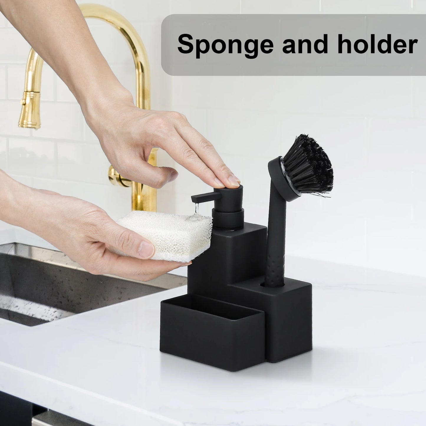 Distributeur Savon Vaisselle Noir Carré 3 en 1 Cuisine