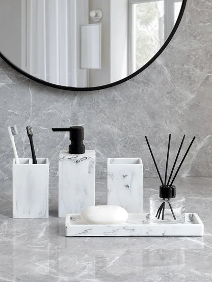 Set Salle de Bain Effet Marbre 4 Pièces Blanc
